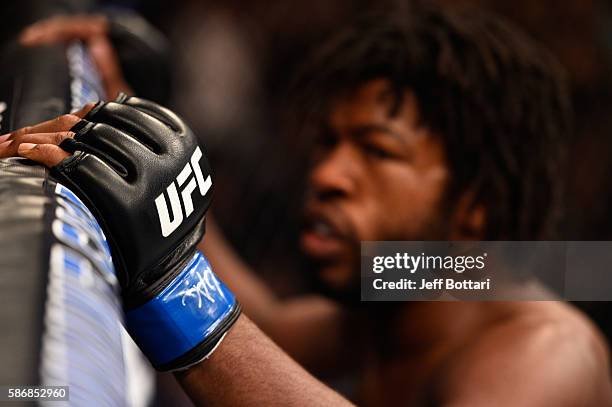 Dominique Steele prepares for the round to begin before facing Court McGee in their welterweight bout during the UFC Fight Night event at Vivint...