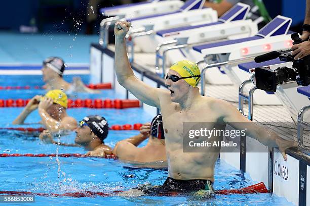 Mack Horton of Australia celebrates winning gold in the Final of the Men's 400m Freestyle on Day 1 of the Rio 2016 Olympic Games at the Olympic...