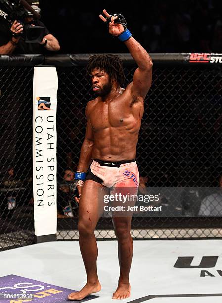 Dominique Steele raises his hands after facing Court McGee in their welterweight bout during the UFC Fight Night event at Vivint Smart Home Arena on...