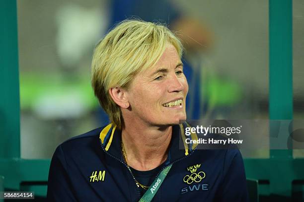 Sweden Coach Pia Sundhage looks on during the Women's Group E first round match between Brazil and Sweden on Day 1 of the Rio 2016 Olympic Games at...