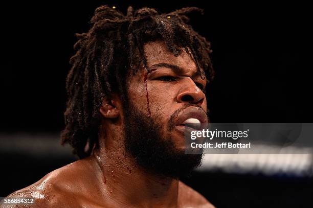 Dominique Steele waits to hear the judges decision after facing Court McGee in their welterweight bout during the UFC Fight Night event at Vivint...