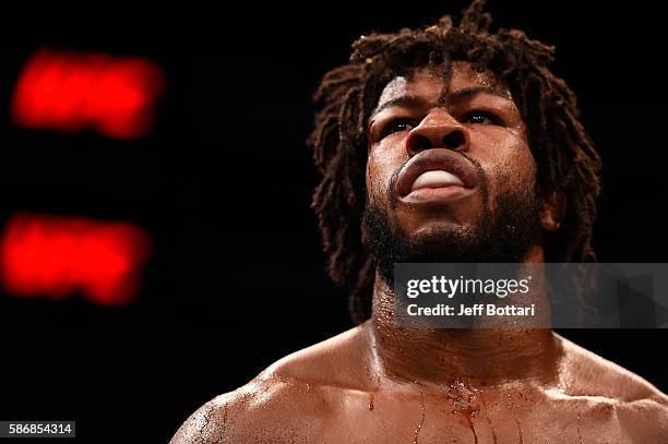 Dominique Steele waits to hear the judges decision after facing Court McGee in their welterweight bout during the UFC Fight Night event at Vivint...