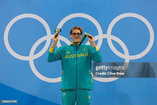 Gold medalist Mack Horton of Australia poses during the medal ceremony for the Final of the Men's 400m Freestyle on Day 1 of the Rio 2016 Olympic...