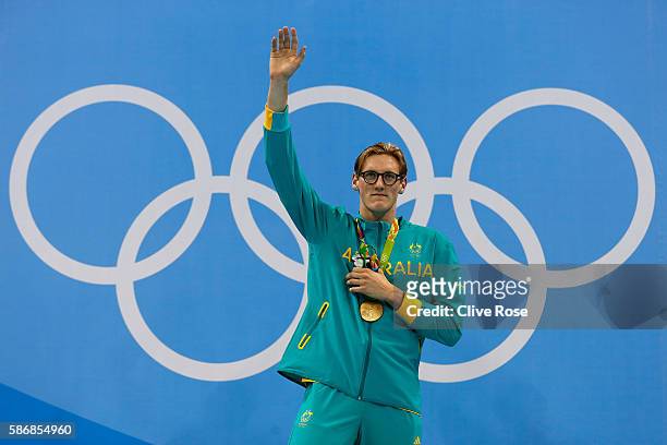Gold medalist Mack Horton of Australia poses during the medal ceremony for the Final of the Men's 400m Freestyle on Day 1 of the Rio 2016 Olympic...