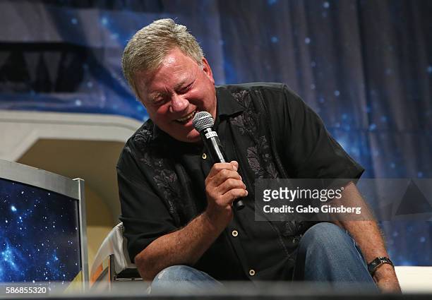 Actor William Shatner reacts to a fan's question during the 15th annual official Star Trek convention at the Rio Hotel & Casino on August 6, 2016 in...