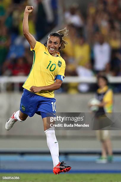 Marta of Brazil celebrates after scoring Brazil's fourth goal during the Women's Group E first round match between Brazil and Sweden on Day 1 of the...