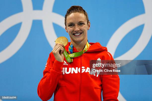 Gold medalist Katinka Hosszu of Hungary poses during the medal ceremony for the Final of the Women's 400m Individual Medley on Day 1 of the Rio 2016...