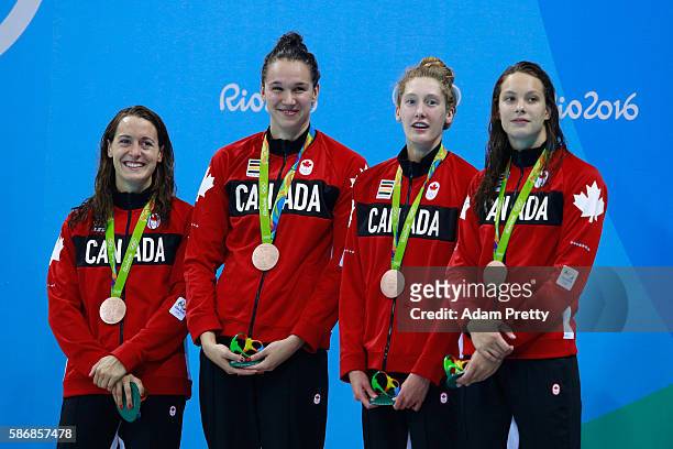 Bronze medalist Sandrine Mainville, Chantal Van Landeghem, Taylor Ruck and Penny Oleksak of Canada pose during the medal ceremony for Final of the...