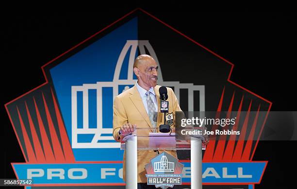 Tony Dungy, former NFL head coach, is seen during his 2016 Class Pro Football Hall of Fame induction speech during the NFL Hall of Fame Enshrinement...