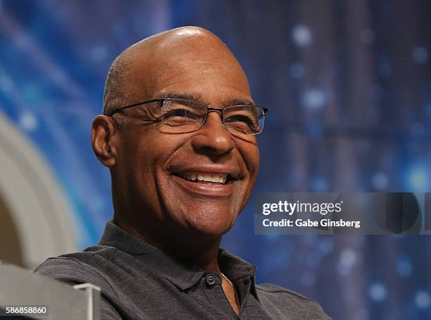 Actor Michael Dorn speaks during the "Star Trek: The Next Generation Stars - Part 3" panel at the 15th annual official Star Trek convention at the...