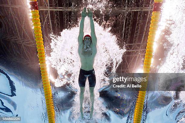 Adam Peaty of Great Britain competes in the second Semifinal of the Men's 100m Breaststroke on Day 1 of the Rio 2016 Olympic Games at the Olympic...