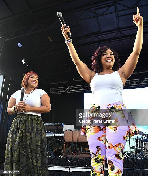 Tina Campbell and Erica Campbell of Mary Mary perform on stage at Praise 102.5 Praise In The Park at Centennial Olympic Park on August 6, 2016 in...