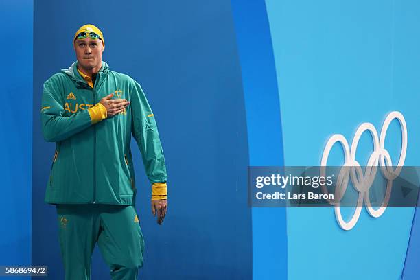 David McKeon of Australia waves to the crowd before the Final of the Men's 400m Freestyle on Day 1on Day 1 of the Rio 2016 Olympic Games at the...