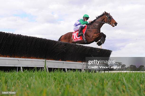 John Allen riding I'll'ava'alf jumping before winning Race 3, Crisp Steeplechase during Grand National Day at Sandown Lakeside on August 7, 2016 in...