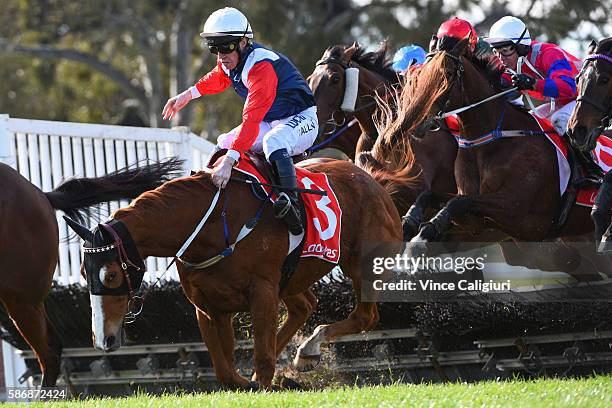 John Allen riding Gingerboy does a great job to hang on before finishing 3rd to Zanteco in Race 4, the Grand National Hurdle during Grand National...