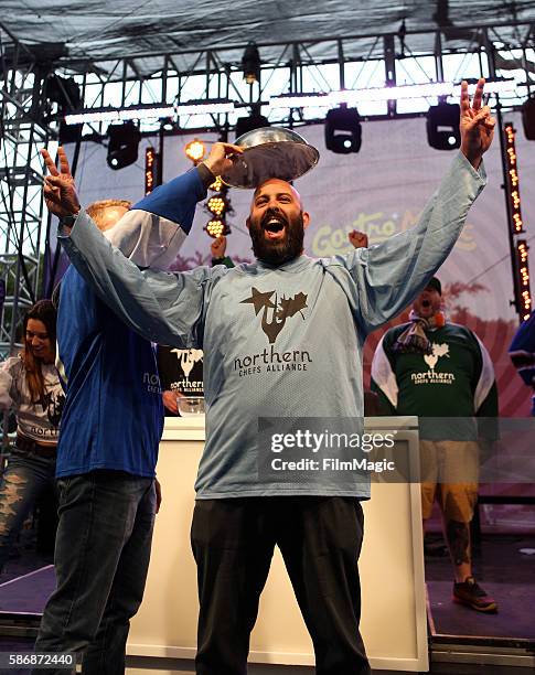 Chefs onstage during the Culinary Olympics Throwdown on the GastroMagic Stage during the 2016 Outside Lands Music And Arts Festival at Golden Gate...