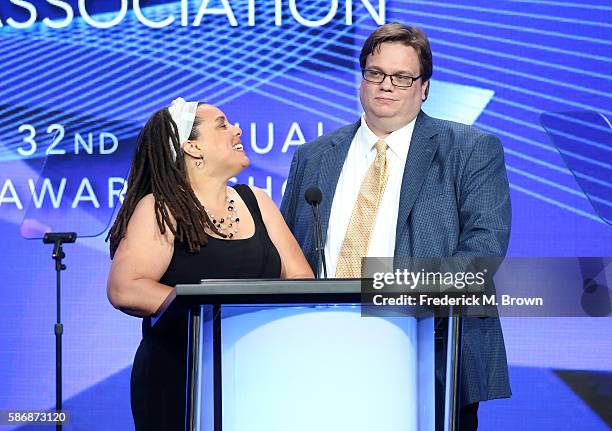 Secretary Sarah Rodman and TCA Board Member Todd VanDerWerff speak onstage at the 32nd annual Television Critics Association Awards during the 2016...