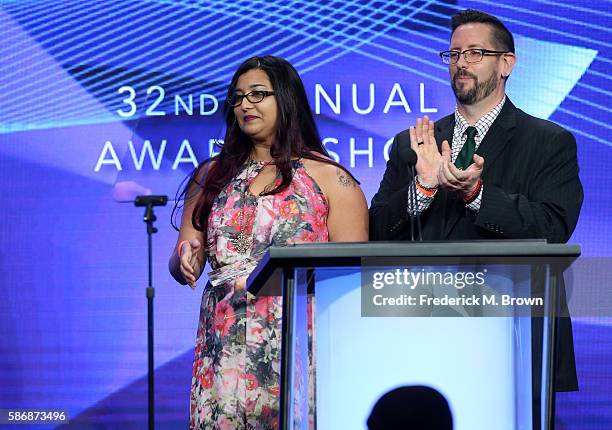 Sonia Saraiya and TCA Board Member Damian Holbrook speak onstage at the 32nd annual Television Critics Association Awards during the 2016 Television...