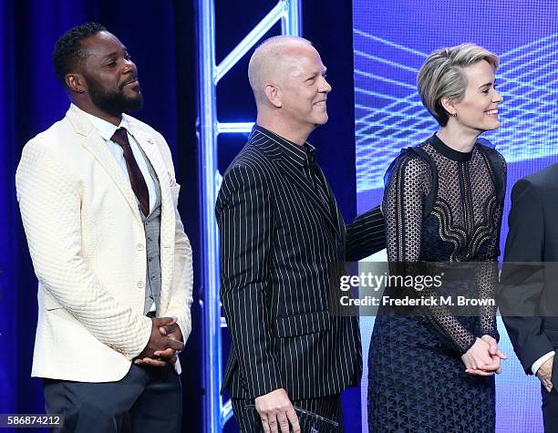 Actor Malcolm-Jamal Warner, executive producer/director Ryan Murphy and actress Sarah Paulson accept the award for 'Program of the Year' for "The...