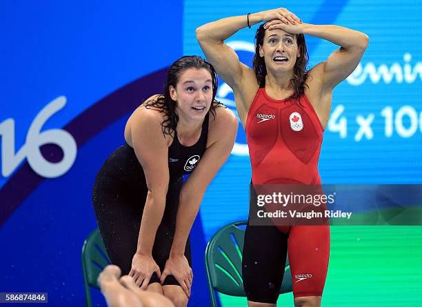 Chantel Van Landeghem and Sandrine Mainville of Canada cheer on teammates Taylor Ruck and Penny Oleksiak as they win Bronze in the Women's 4x100m...