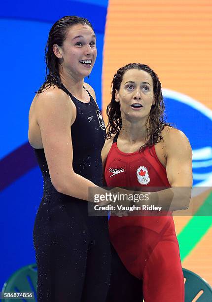Chantel Van Landeghem and Sandrine Mainville of Canada cheer on teammates Taylor Ruck and Penny Oleksiak as they win Bronze in the Women's 4x100m...