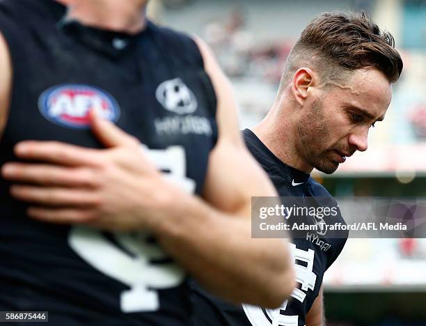 Andrew Walker of the Blues looks on after his final game during the 2016 AFL Round 20 match between the Carlton Blues and the St Kilda Saints at the...