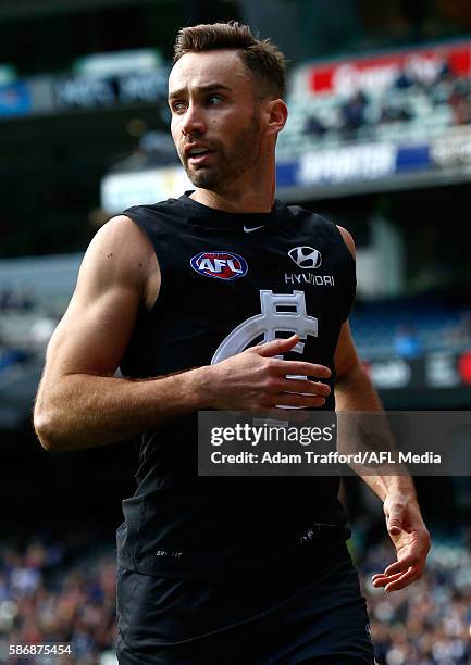 Andrew Walker of the Blues looks on in his final game during the 2016 AFL Round 20 match between the Carlton Blues and the St Kilda Saints at the...