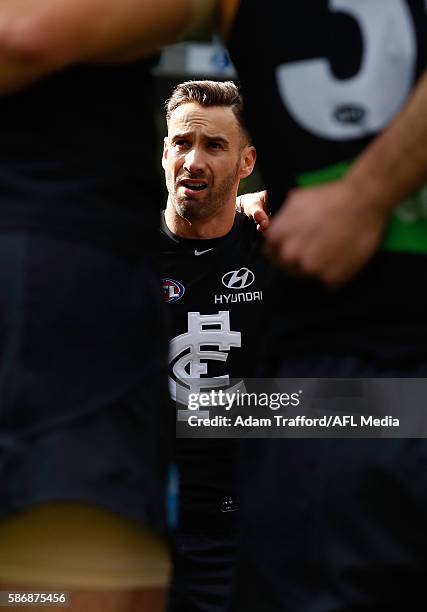 Andrew Walker of the Blues looks on ahead of his final game during the 2016 AFL Round 20 match between the Carlton Blues and the St Kilda Saints at...