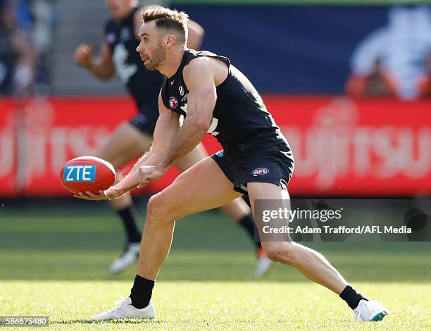 Andrew Walker of the Blues in action in his last game during the 2016 AFL Round 20 match between the Carlton Blues and the St Kilda Saints at the...