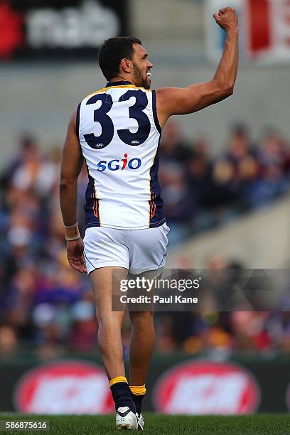 Josh Hill of the Eagles celebrates a goal during the round 20 AFL match between the Fremantle Dockers and the West Coast Eagles at Domain Stadium on...