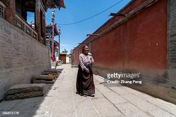 Female believer from Tibetan walks in Ta'er Monastery. Kumbum Monastery is one of the two most important Tibetan Buddhist monasteries outside Tibet....