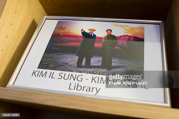 Daniel BOSQUE - A picture in the library section is pictured in the bar "Pyongyangcafe" dedicated to friends of the Democratic People's Republic of...