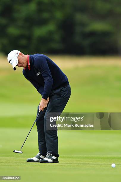 Alex Noren of Sweden putting on the green on hole 1 on day four of the Aberdeen Asset Management Paul Lawrie Matchplay at Archerfield Links Golf Club...