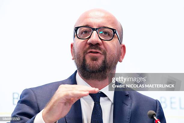 Belgian Prime Minister Charles Michel addresses a press conference after a special security meeting in Brussels on August 7 a day after a...