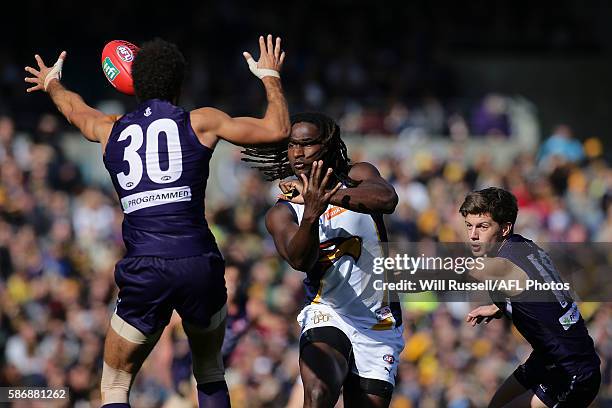 Nic Naitanui of the Eagles handballs during the round 20 AFL match between the Fremantle Dockers and the West Coast Eagles at Domain Stadium on...