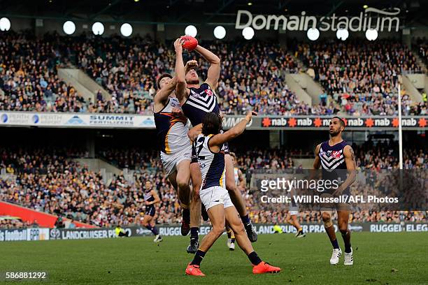 Michael Apeness of the Dockers takes an overhead mark during the round 20 AFL match between the Fremantle Dockers and the West Coast Eagles at Domain...