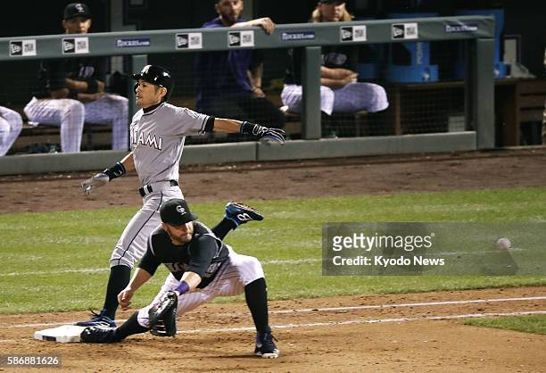 Miami Marlins pinch-hitter Ichiro Suzuki beats the throw to Colorado Rockies first baseman Mark Reynolds for an infield single in the eighth inning...