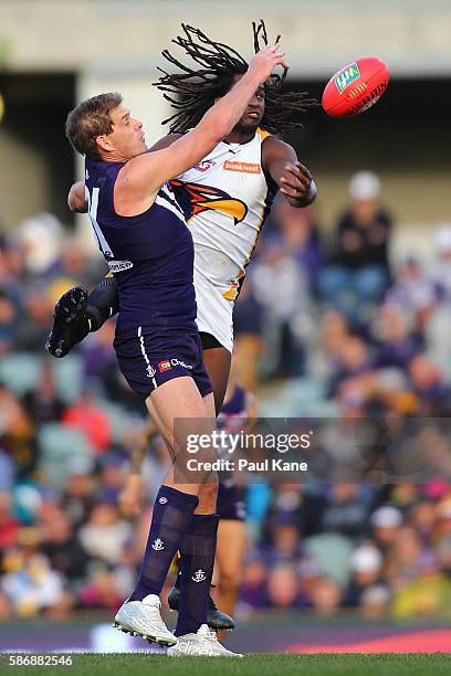 Aaron Sandilands of the Dockers and Nic Naitanui of the Eagles contest the ruck during the round 20 AFL match between the Fremantle Dockers and the...