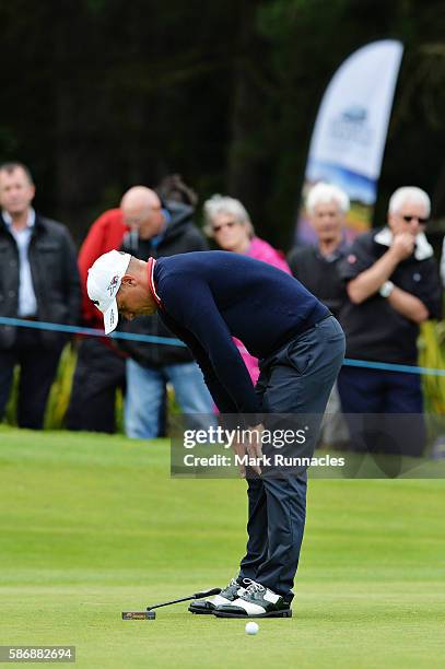 Alex Noren of Sweden reacts after leaving a putt short on the green on hole 9 on day four of the Aberdeen Asset Management Paul Lawrie Matchplay at...