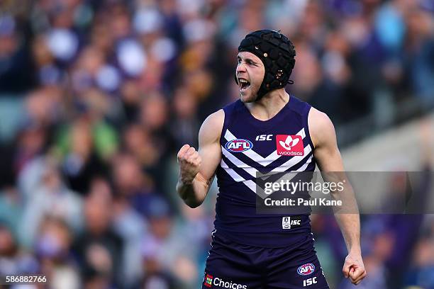 Hayden Ballantyne of the Dockers celebrates a goal during the round 20 AFL match between the Fremantle Dockers and the West Coast Eagles at Domain...
