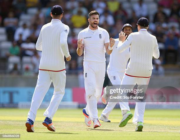 England bowler James Anderson celebrates after taking the wicket of Younis Khan during day 5 of the 3rd Investec Test match between England and...
