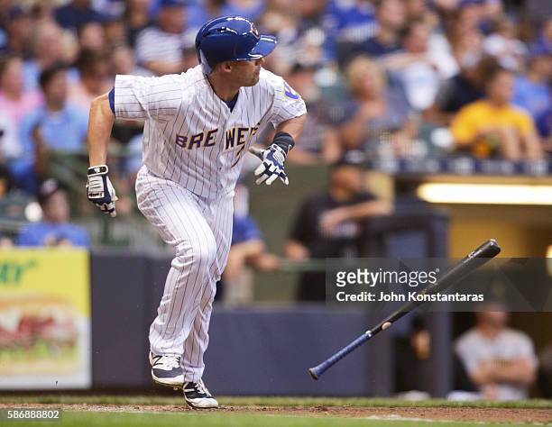 Jake Elmore of the Milwaukee Brewers singles during the third inning against the Pittsburgh Pirates at Miller Park on July 29, 2016 in Milwaukee,...
