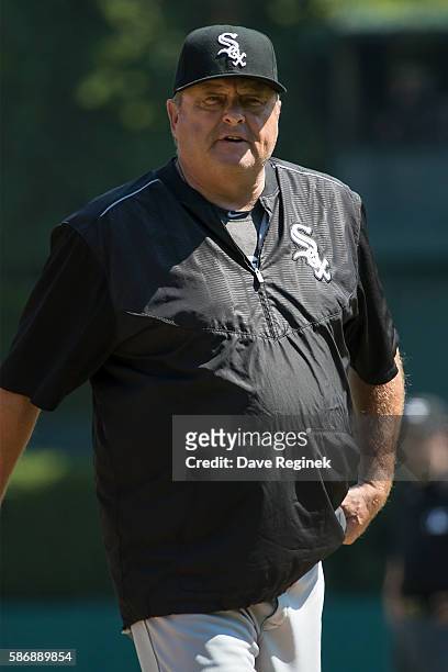 Pitching coach Don Cooper of the Chicago White Sox walks back to the dugout in the seventh inning during a MLB game against the Detroit Tigers at...
