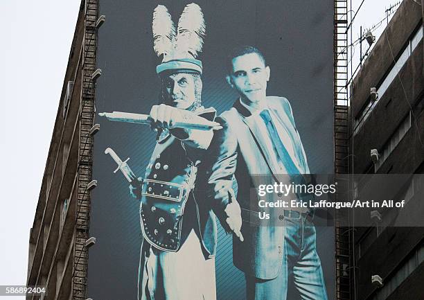 Giant billboard showing barack obama with shmer, a villain in shia islam, on valiasr square, central district, tehran, Iran on December 20, 2015 in...