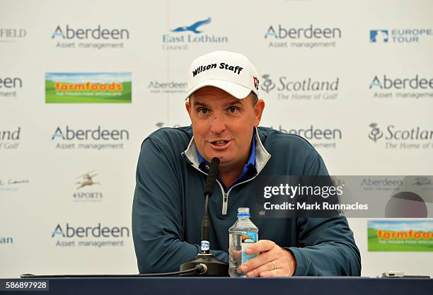 Anthony Wall of England talks to the media after winning the tournament on day four of the Aberdeen Asset Management Paul Lawrie Matchplay at...