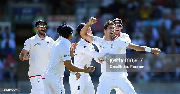 England bowler Steven Finn celebrates after taking the wicket of Sami Aslam during day 5 of the 3rd Investec Test match between England and Pakistan...