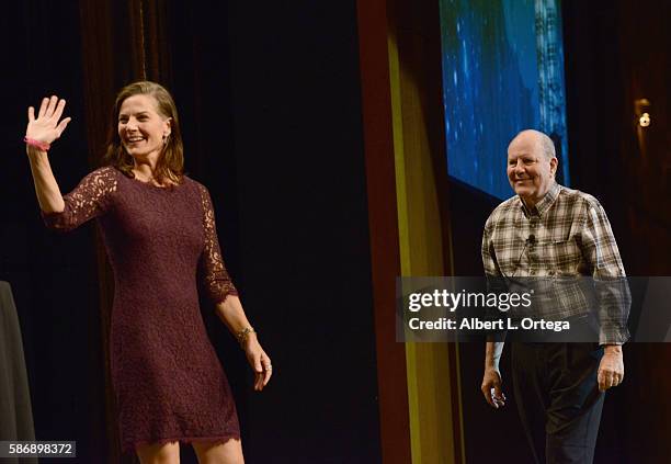 Actress Terry Farrell and makeup artist Michael Westmore on day 4 of Creation Entertainment's Official Star Trek 50th Anniversary Convention at the...