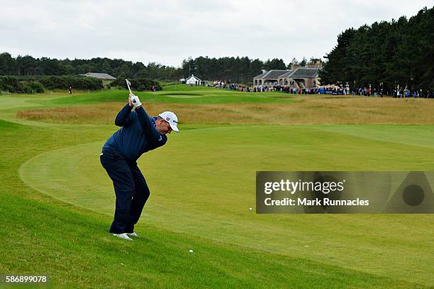 Anthony Wall of England taking his second shot on hole 18 on day four of the Aberdeen Asset Management Paul Lawrie Matchplay at Archerfield Links...