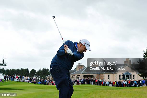 Anthony Wall of England taking his third shot on hole 18 on day four of the Aberdeen Asset Management Paul Lawrie Matchplay at Archerfield Links Golf...