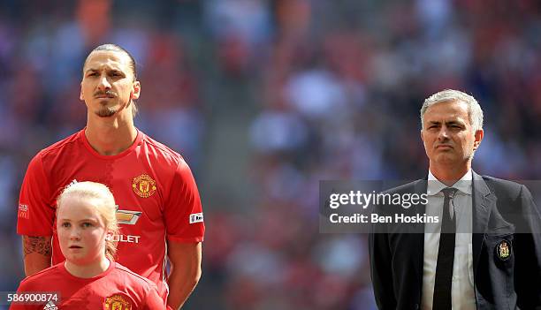 Zlatan Ibrahimovic of Manchester United and Manager of Manchester United, Jose Mourinho line up before kick off during The FA Community Shield match...